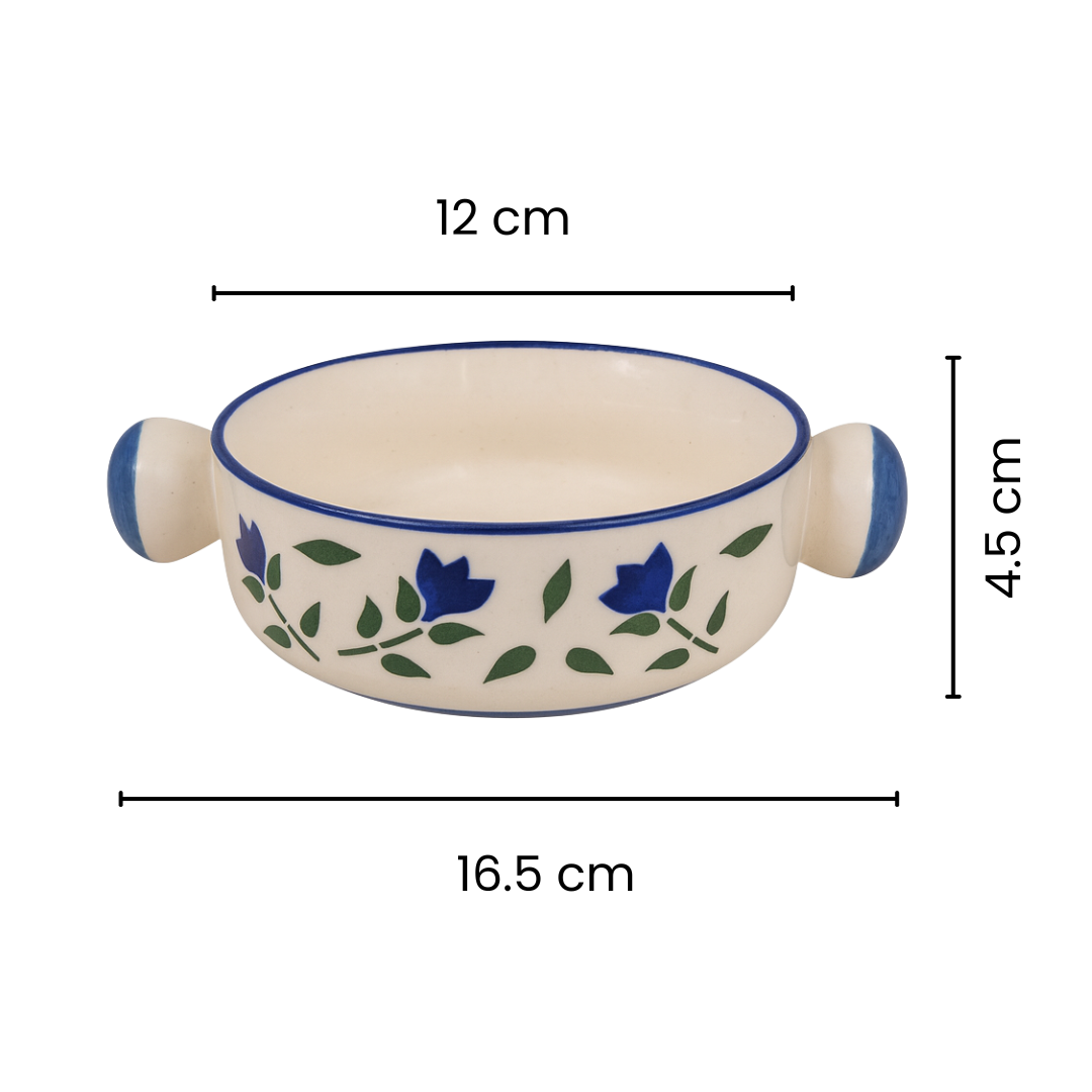 Handcrafted Ceramic Soup Bowl with Handles | Blue Floral Design | Premium Serveware | Microwave & Dishwasher Safe
