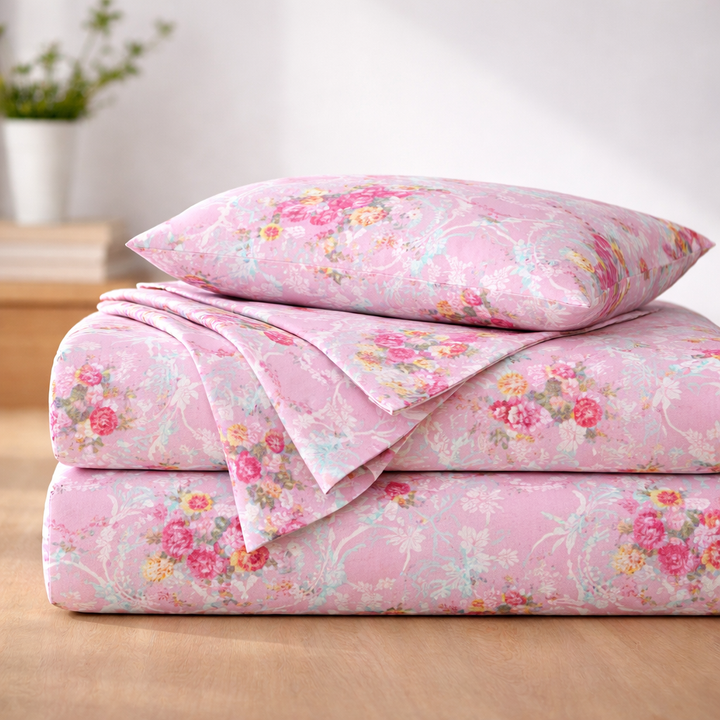 Pink Floral Bedsheet with 2 Pillow Covers – Queen Size (90 x 100 Inches) | Soft Cotton Bedsheet |