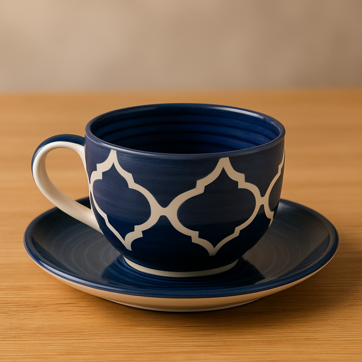 Blue Ceramic Cup with Saucer – Geometric Pattern