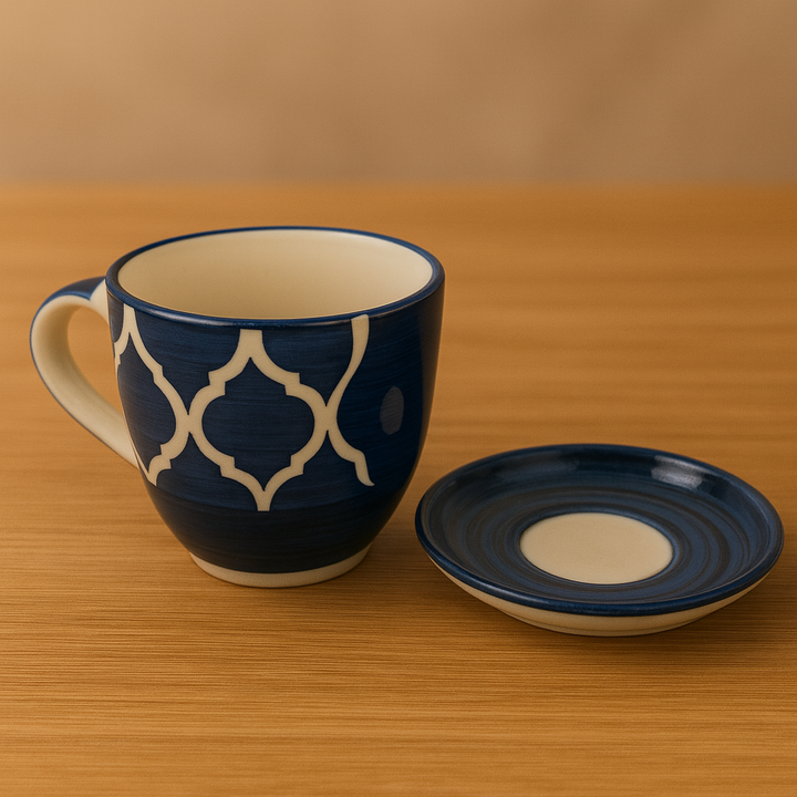 Blue Ceramic Cup with Saucer – Geometric Pattern