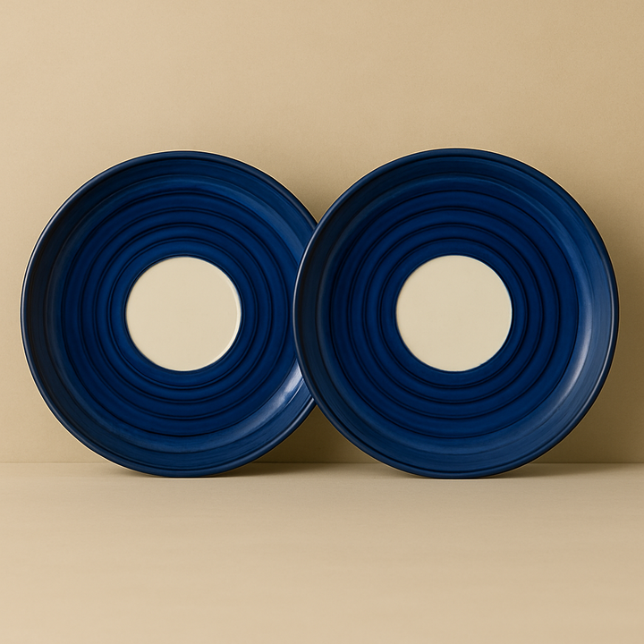 Blue Ceramic Saucer – Minimal Concentric Design | Set of 2