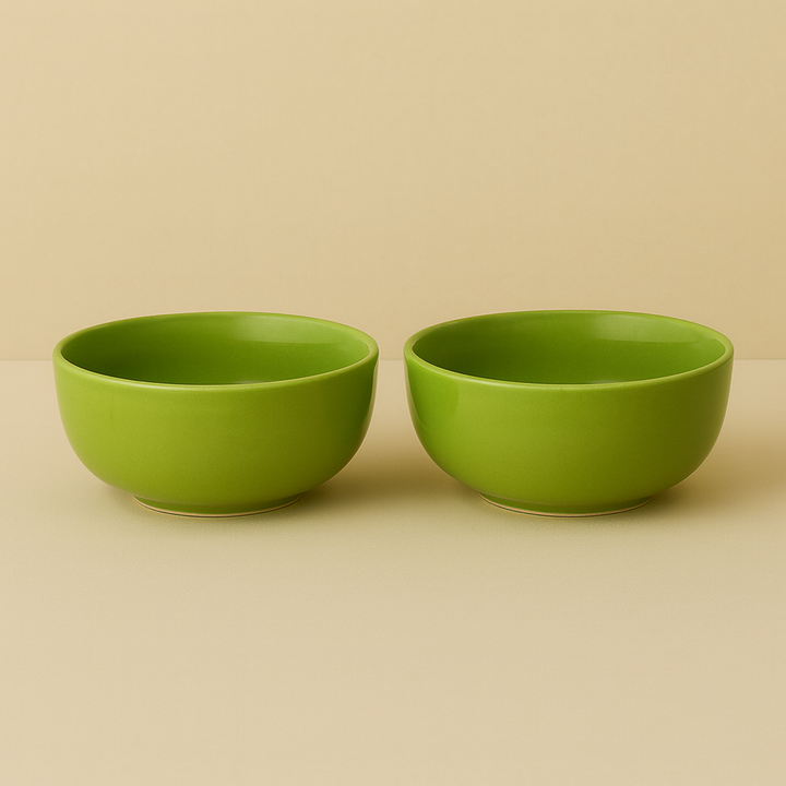 Set of 2 Minimalist Green Ceramic Bowls | Handcrafted Multipurpose Snack, Salad & Dessert Bowls
