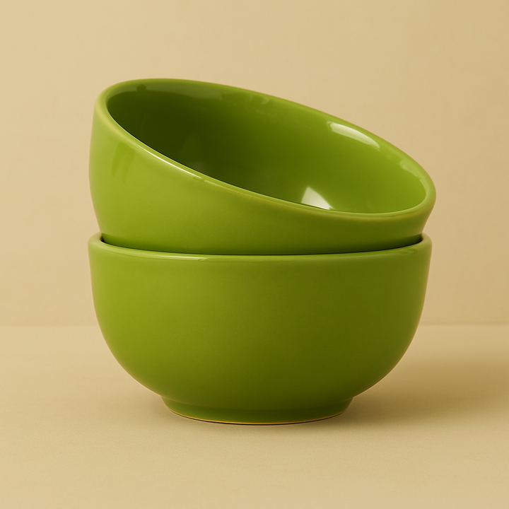Set of 2 Minimalist Green Ceramic Bowls | Handcrafted Multipurpose Snack, Salad & Dessert Bowls