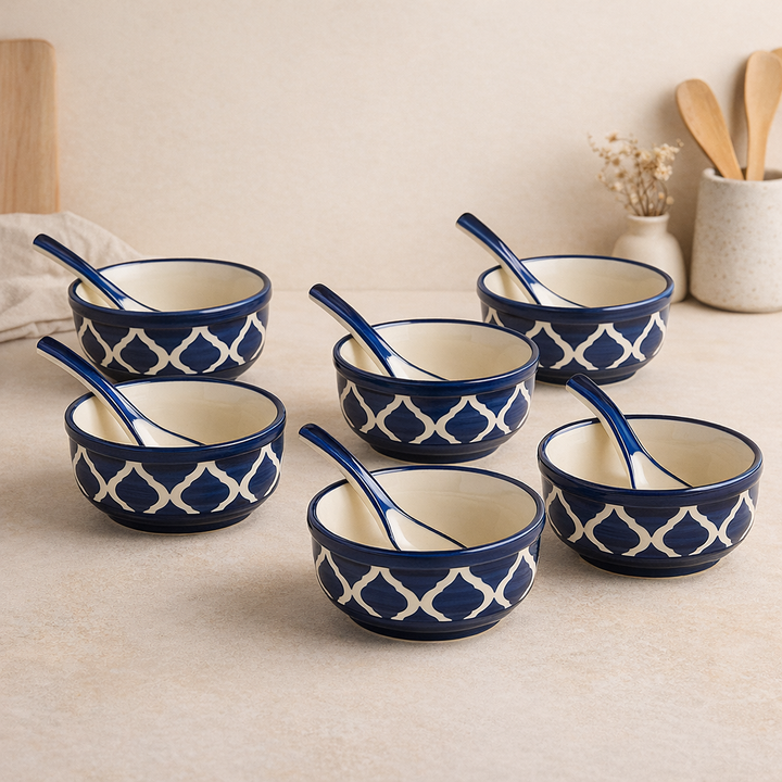 Premium Ceramic Soup Bowl Set with Spoons | Set of 6 Blue & White Stoneware Bowls | Handcrafted Patterned Serveware | Microwave & Dishwasher Safe