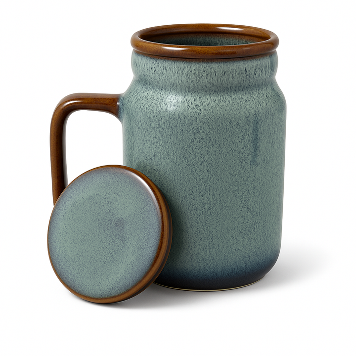 Premium Ceramic Mug with Lid | 350ml Blue Stoneware Coffee & Tea Cup | Ceramic Heat-Retention Lid | Microwave & Dishwasher Safe