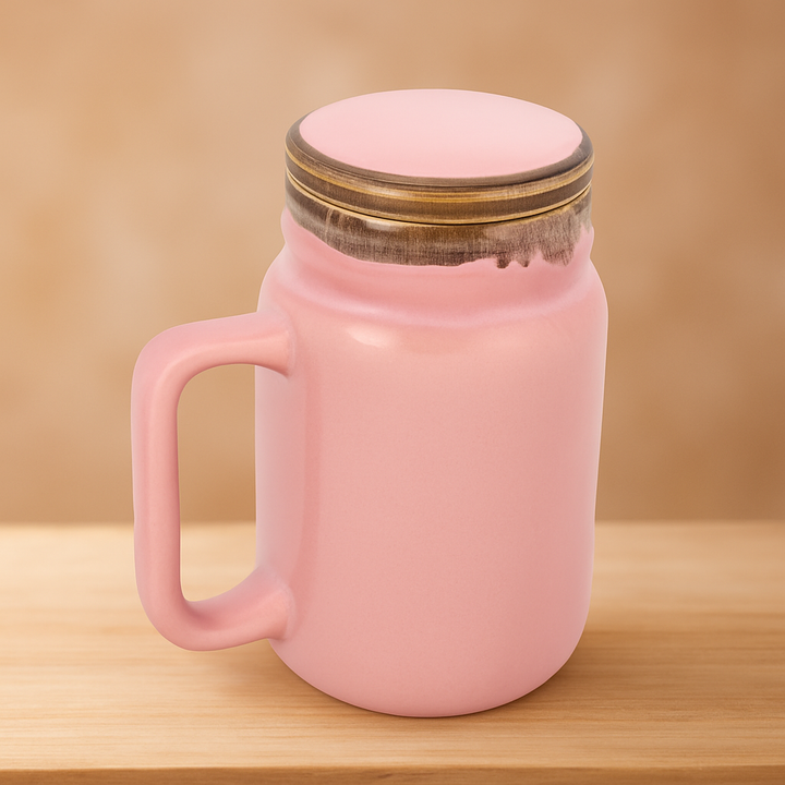 Premium Ceramic Mug with Lid | 350ml Matte Pink Stoneware Cup | Ceramic Lid for Heat Retention | Microwave & Dishwasher Safe