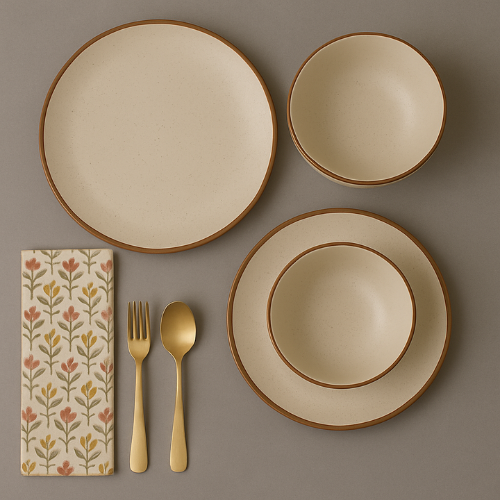 Premium Ceramic Dinner Set | Speckled Matte Beige Stoneware Plates & Bowls | Handcrafted with Brown Rim | Microwave & Dishwasher Safe