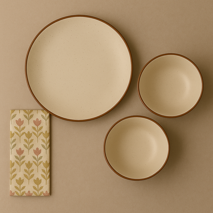 Premium Ceramic Dinner & Bowl Set | Speckled Matte Beige Stoneware Plate & Bowls | Handcrafted Brown Rim | Microwave & Dishwasher Safe