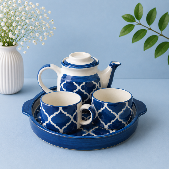 Athena Home Ceramic Tea Pot Set with 2 Cups & Serving Tray