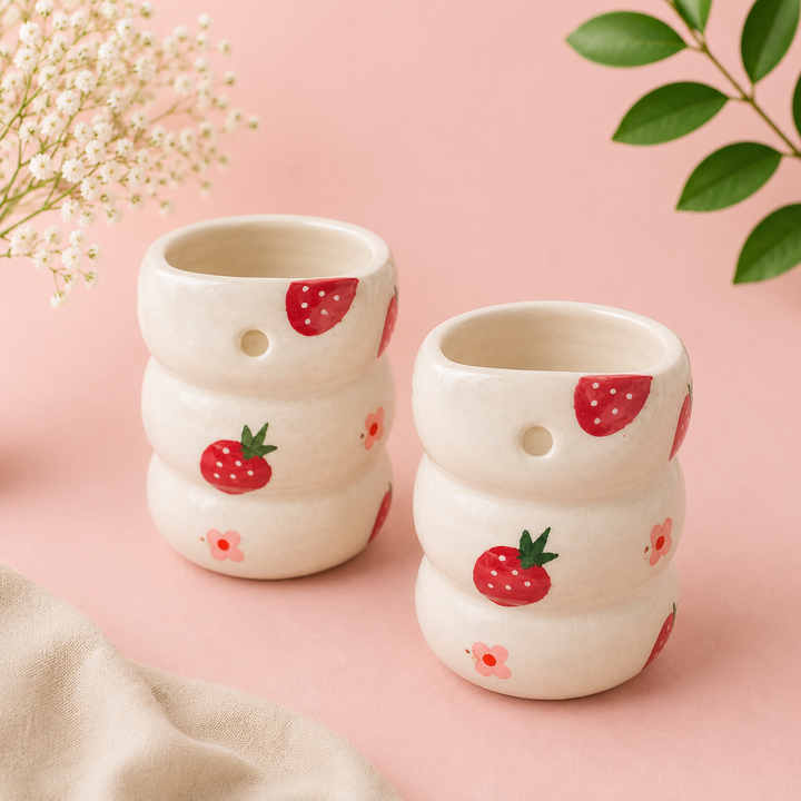 Athena Home Ceramic Coffee Mug Set of 2 | Hand-Painted Strawberry Design
