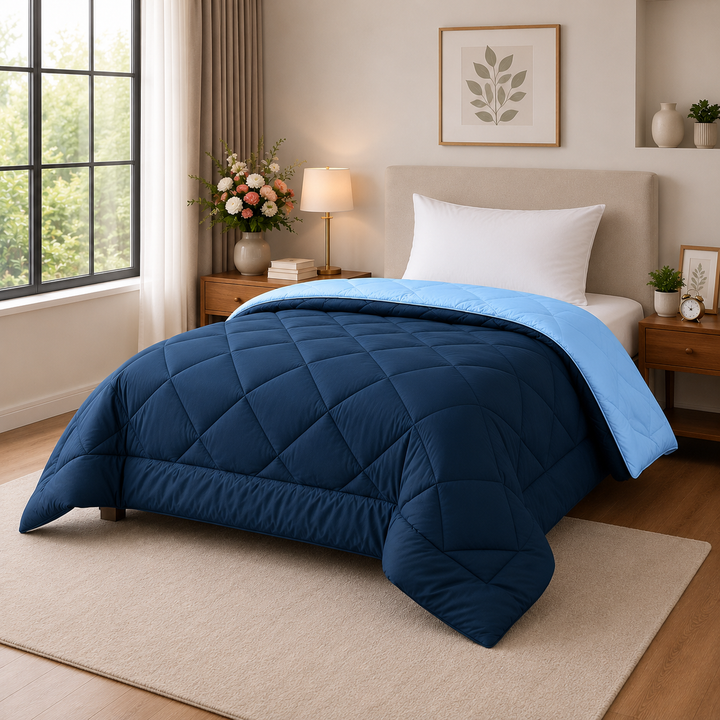 Athena Home Reversible Double Size Comforter | Navy Blue & Sky Blue Microfiber Quilt | Soft All Season Comforter | 230 GSM | 87 x 93 Inches