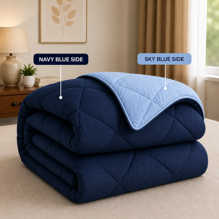 Athena Home Reversible Double Size Comforter | Navy Blue & Sky Blue Microfiber Quilt | Soft All Season Comforter | 230 GSM | 87 x 93 Inches