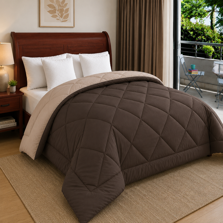 Athena Home Reversible Double Size Comforter | Dark Brown & Taupe Microfiber Quilt | Soft All Season Comforter | 230 GSM | 87 x 93 Inches