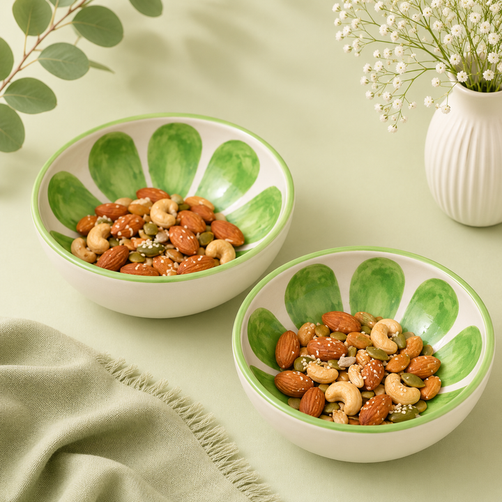 Athena Home Ceramic Bowl Set of 2 | Handpainted Green Olive Dessert & Snack Bowls | Premium Serving Bowls | 400 ml