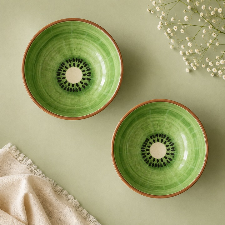 Athena Home Ceramic Bowl Set of 2 | Handpainted Kiwi Dessert & Snack Bowls | Premium Serving Bowls | 400 ml