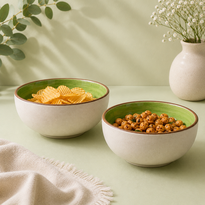 Athena Home Ceramic Bowl Set of 2 | Handpainted Kiwi Dessert & Snack Bowls | Premium Serving Bowls | 400 ml