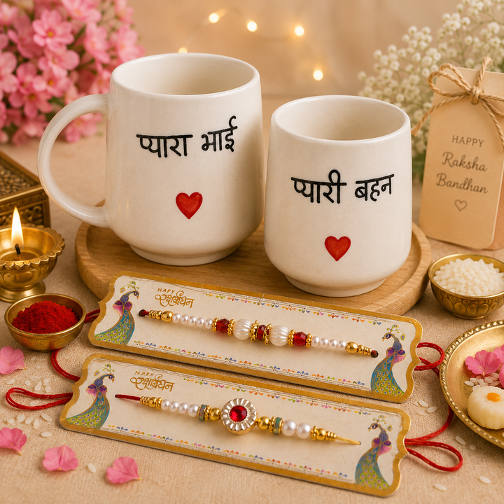 Athena Home Raksha Bandhan Gift Combo | "Pyara Bhai" & "Pyari Behen" Ceramic Coffee Mug Set with 2 Designer Rakhis | Sibling Gift Set | 300 ml