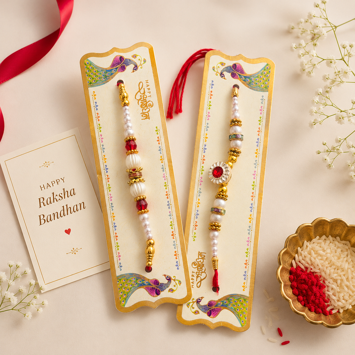 Athena Home Raksha Bandhan Gift Combo | Set of 2 Heart Print Ceramic Coffee Mugs with 2 Designer Rakhis | Festive Gift Hamper