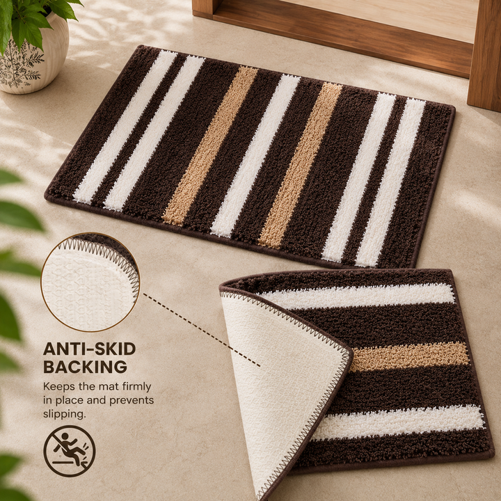 Athena Home Ultra Soft Microfiber Bath Mat Set of 2 | Anti-Skid, Super Absorbent & Quick Dry Bathroom Floor Mats | Brown Striped