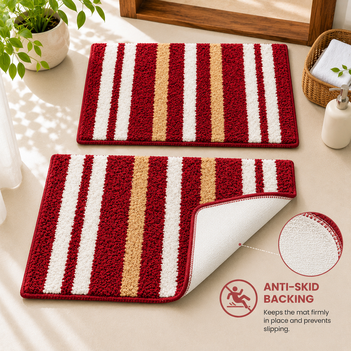 Athena Home Ultra Soft Microfiber Bath Mat Set of 2 | Anti-Skid, Super Absorbent & Quick Dry Bathroom Floor Mats | Red Striped