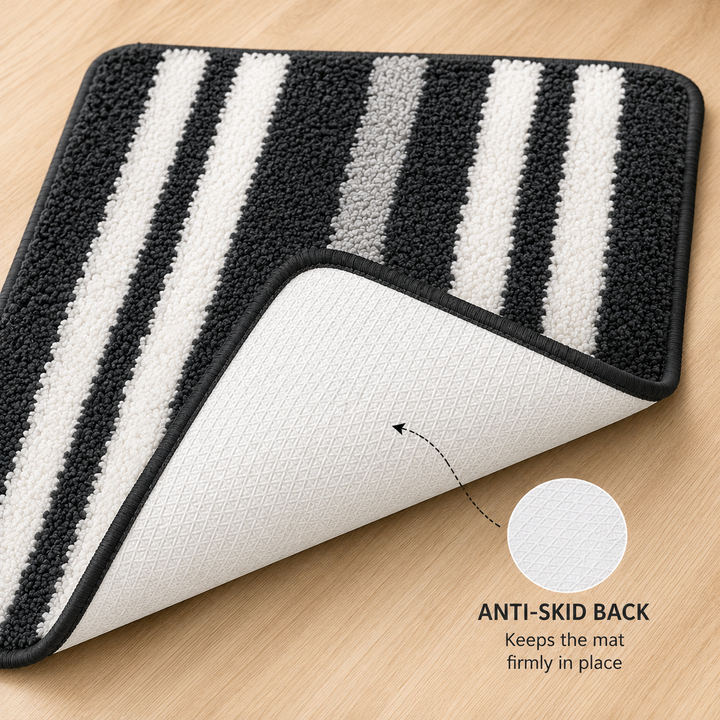 Athena Home Ultra Soft Microfiber Bath Mat Set of 2 | Anti-Skid, Super Absorbent & Quick Dry Bathroom Floor Mats | Dark Grey Striped