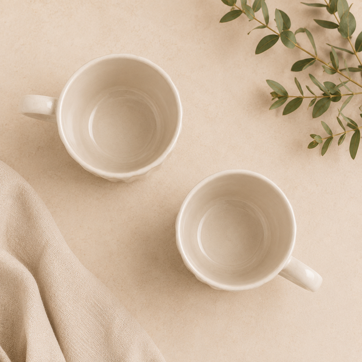 Athena Home Ribbed White Ceramic Coffee Mug Set of 2 | 300 ml