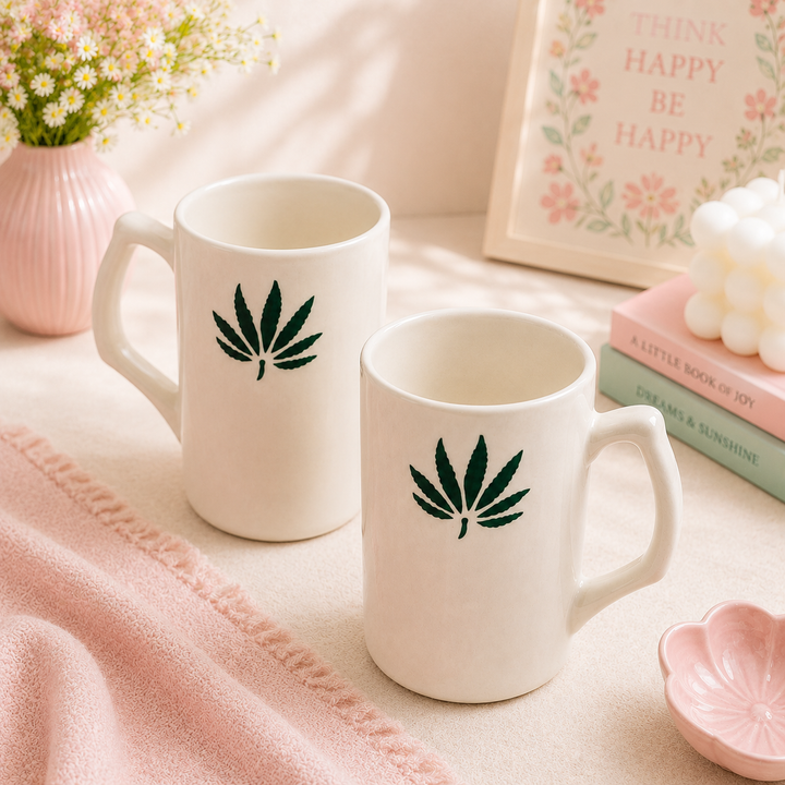 Athena Home Leaf Print Ceramic Mug Set of 2 | 500 ml