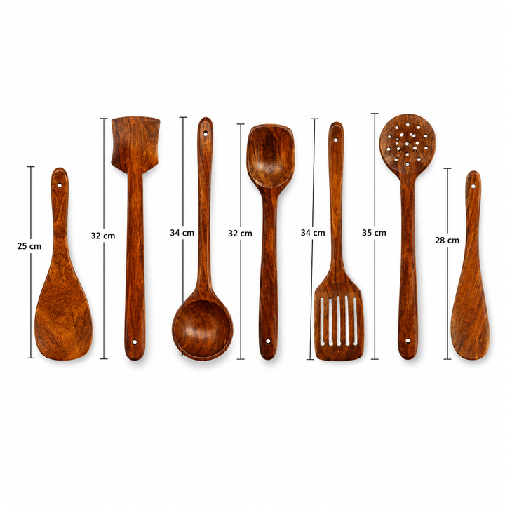 Athena Home Sheesham Wooden Kitchen Utensil Set | 7-Piece Cooking & Serving Spoon Set