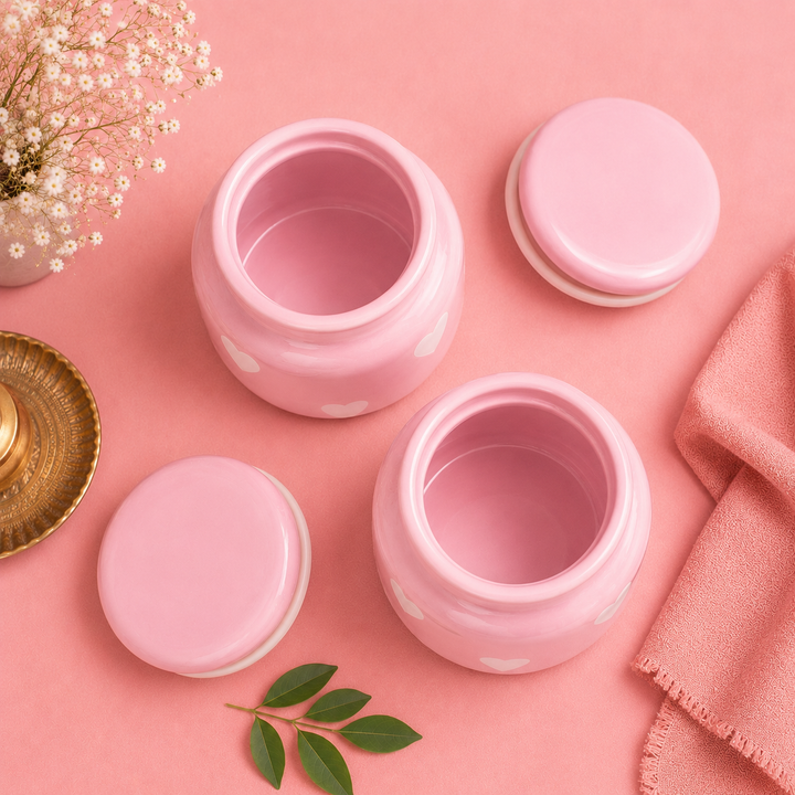 Athena Home Heart Print Baby Pink Ceramic Airtight Jar Set of 2 | Storage Containers with Lid | 800 ml