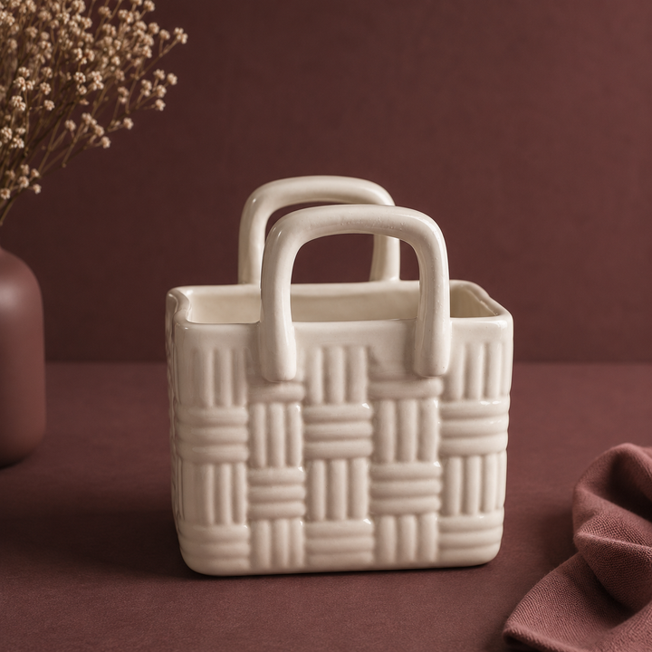 Athena Home Ceramic Storage Basket | Decorative Organizer with Handles | Multipurpose Tabletop Basket