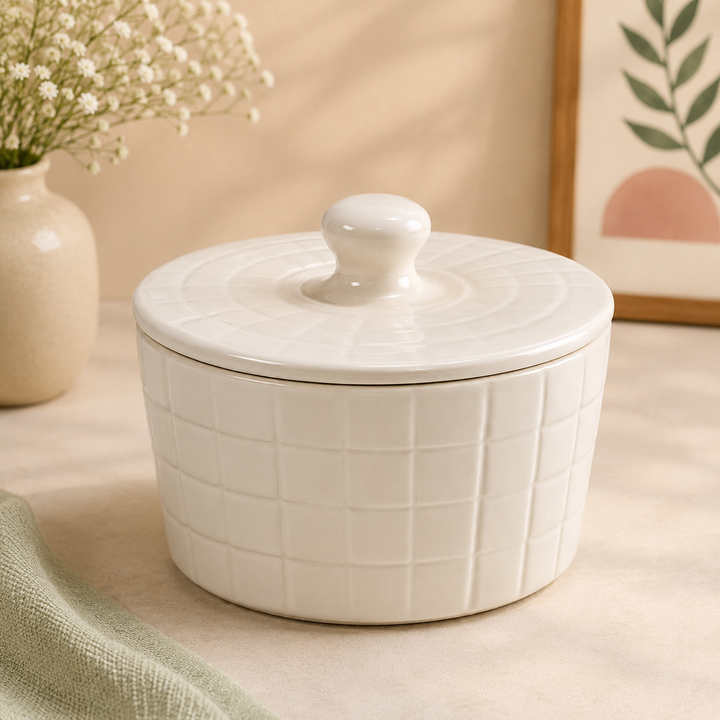 Athena Home White Ceramic Storage Jar with Lid | Multipurpose Kitchen Canister |1500 ml