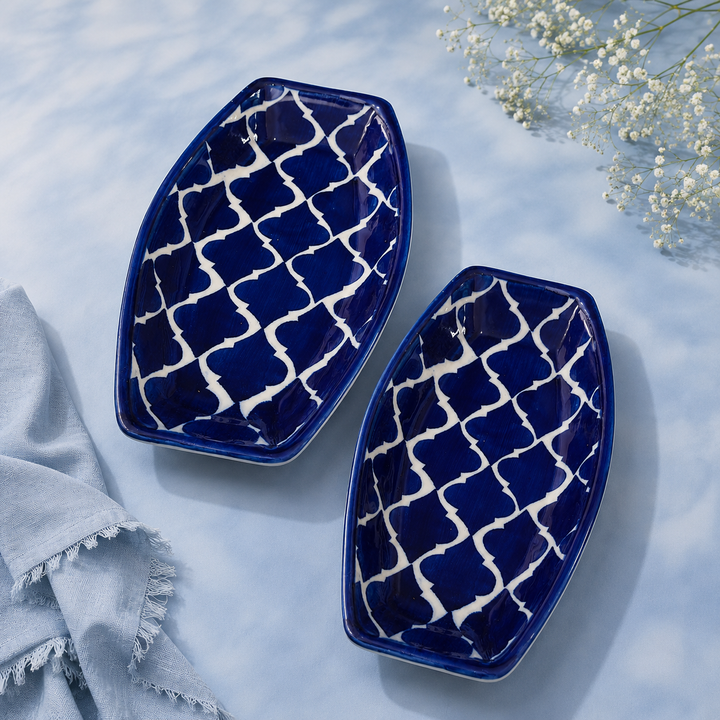 Athena Home Blue Ceramic Serving Plate Set of 2 | Handpainted Oval Platters | Multipurpose Serving Dishes