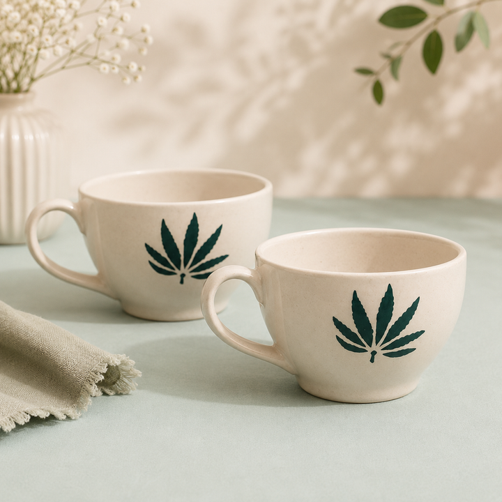 Athena Home Leaf Print Ceramic Tea & Coffee Cup Set of 2 | 300 ml