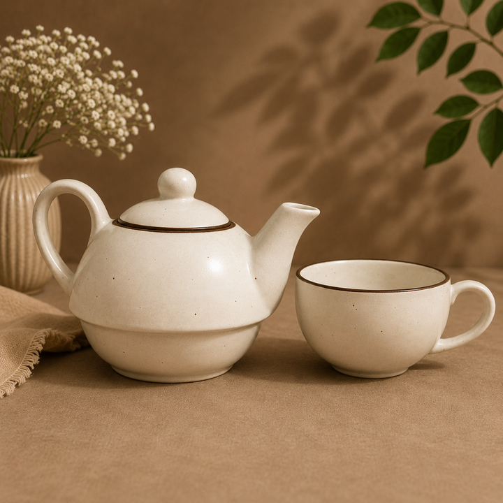 Premium Ceramic Stackable Teapot with Cup Set | Speckled Matte Beige with Brown Rim | Handcrafted Stoneware | Microwave & Dishwasher Safe