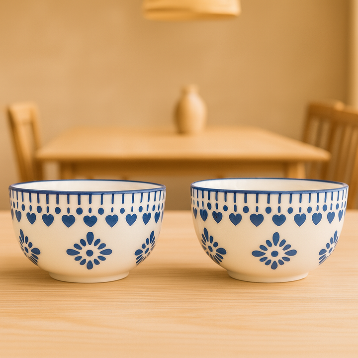 Set of 2 Blue Heart Design Ceramic Bowls | Handcrafted Snack & Dessert Bowls | Premium Kitchenware