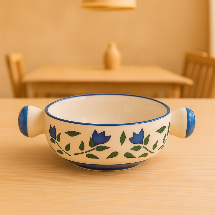 Handcrafted Ceramic Soup Bowl with Handles | Blue Floral Design | Premium Serveware | Microwave & Dishwasher Safe