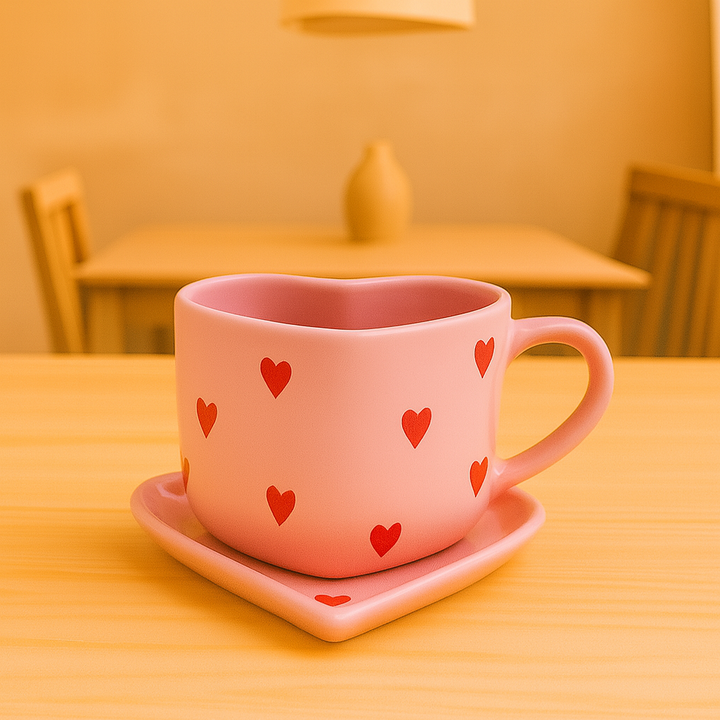 Athena Home Heart Shaped Pink Ceramic Coffee Mug with Saucer | Red Heart Print