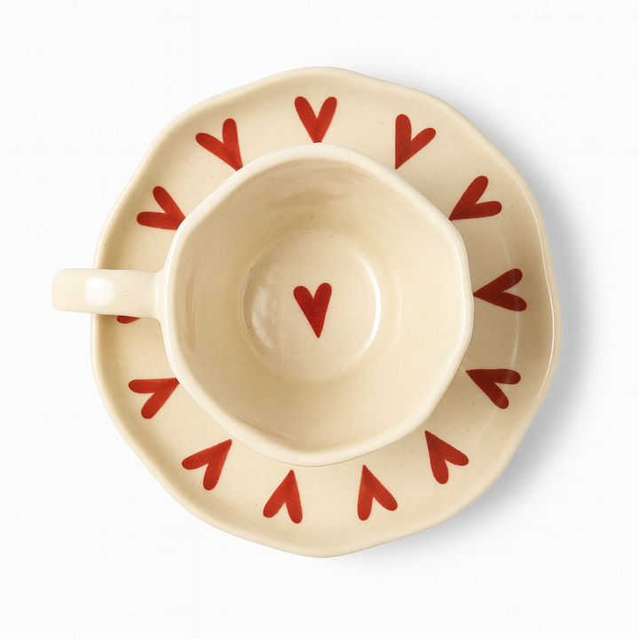Handcrafted Heart Print Ceramic Cup & Saucer Set | Cream Coffee & Tea Mug for Gifting