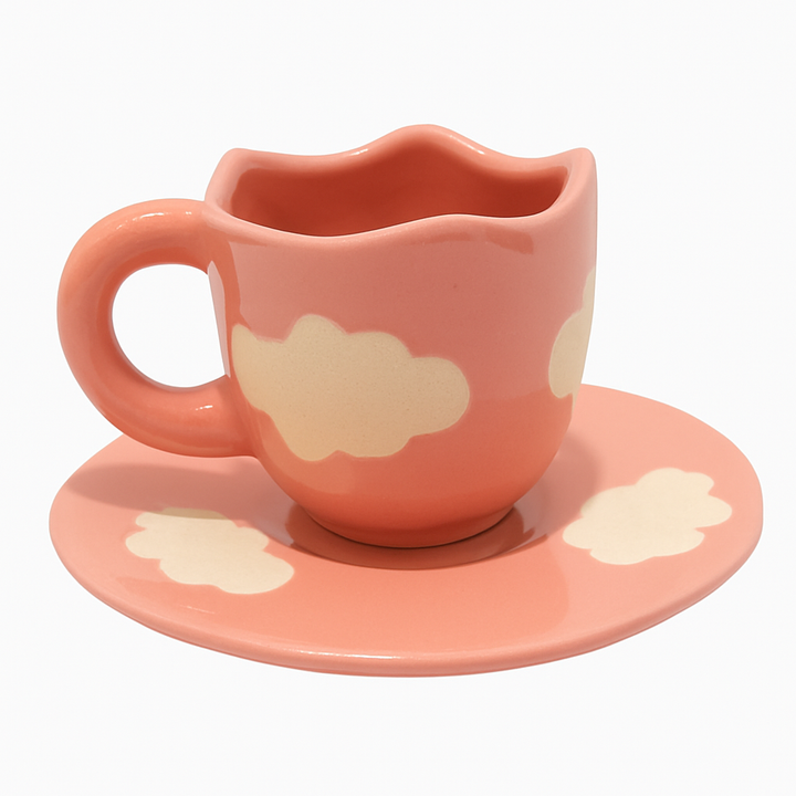 Cloud Design Ceramic Cup & Saucer Set | Pastel Pink | Handcrafted | Athena Home