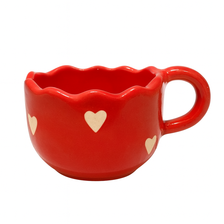 Handcrafted Red Heart Ceramic Cup | Wavy-Edge Glossy Mug for Coffee, Tea & Gifting