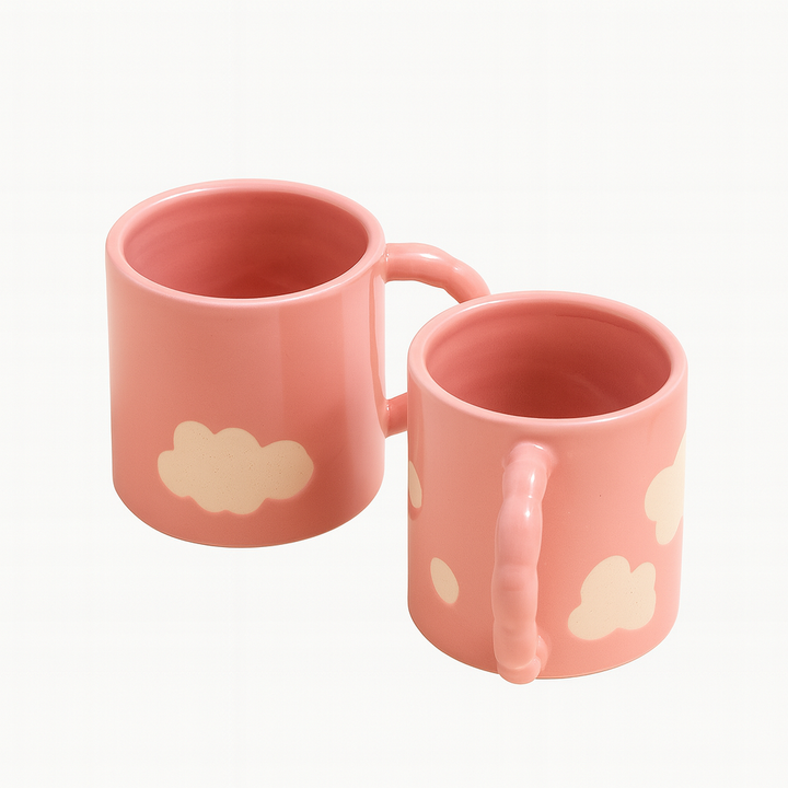 Set of 2 Pink Cloud Ceramic Mugs | Handcrafted Coffee & Tea Cups with Artistic Handle