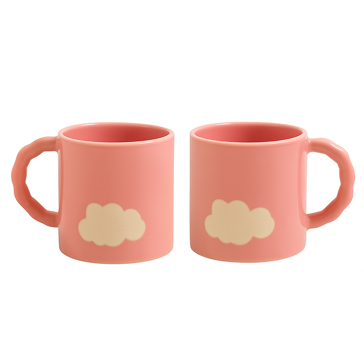 Set of 2 Pink Cloud Ceramic Mugs | Handcrafted Coffee & Tea Cups with Artistic Handle