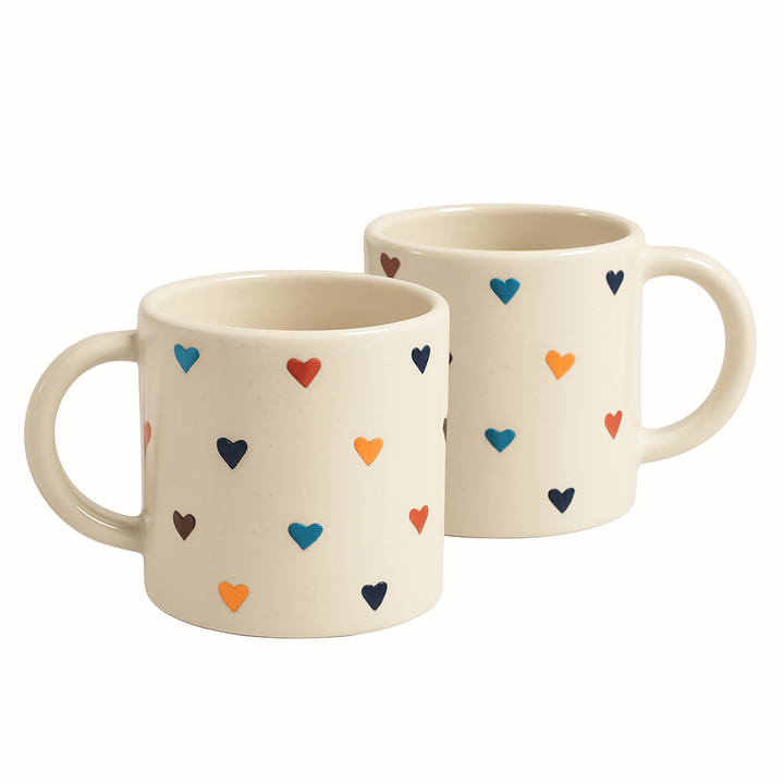Set of 2 Multicolor Heart Ceramic Mugs | Handcrafted Coffee & Tea Cups for Home & Gifting