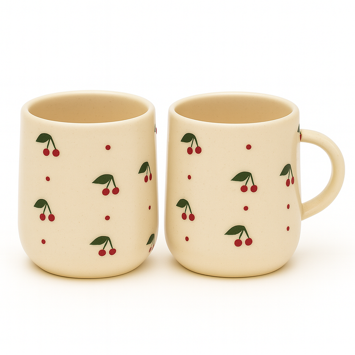 SET OF 2 | Handcrafted Cherry Ceramic Mug | Cream Coffee & Tea Cup | Artistic Ceramic Drinkware by Athena Home