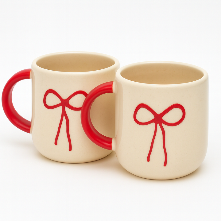 Set of 2 | Handcrafted Bow Design Ceramic Mug | Cream & Red Coffee & Tea Cup | Artistic Ceramic Drinkware by Athena Home