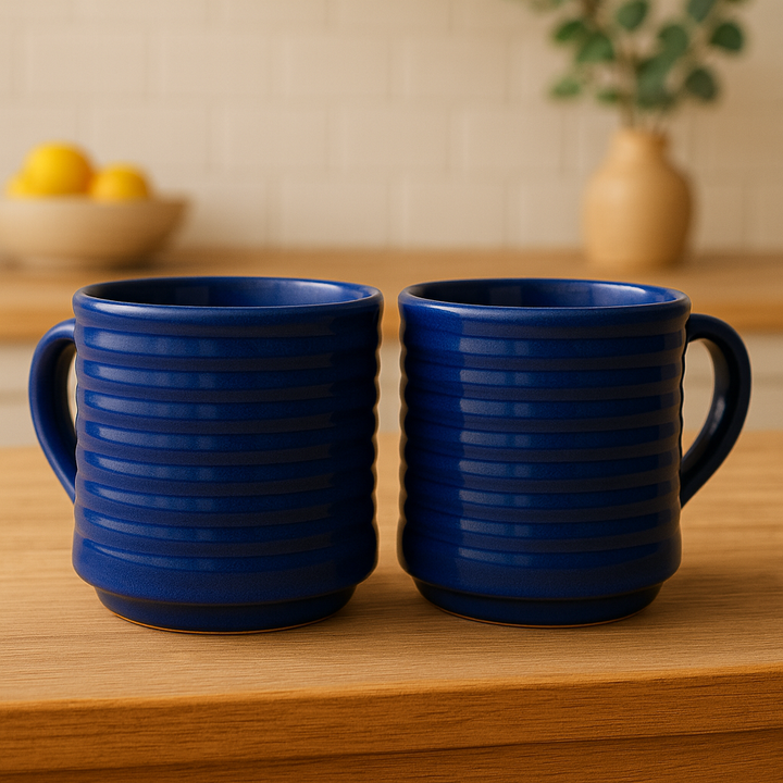 Blue Ceramic Mugs with Ribbed Design | Set of 2