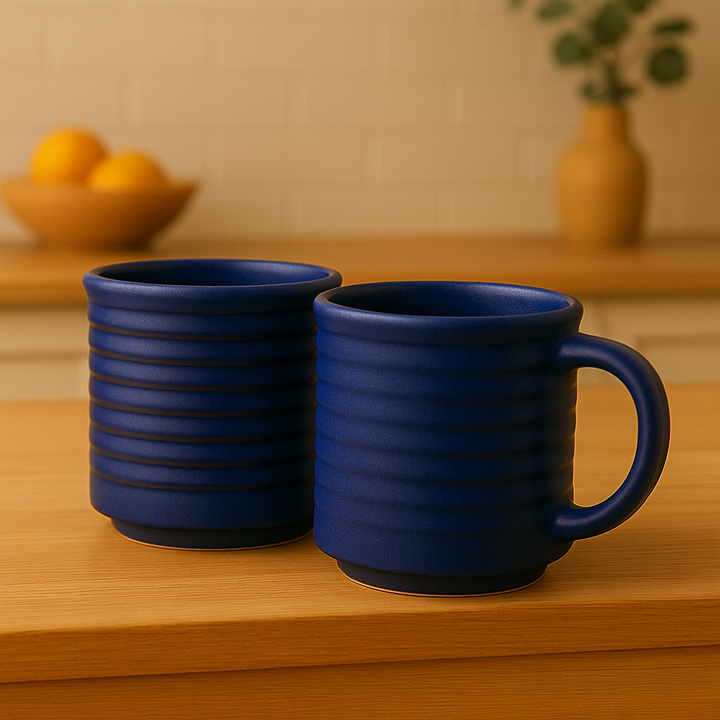 Blue Ceramic Mugs with Ribbed Design | Set of 2