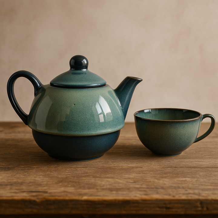 Premium Ceramic Stackable Teapot with Cup Set | Handcrafted Dual-Tone Green Stoneware | Space-Saving Design | Microwave & Dishwasher Safe