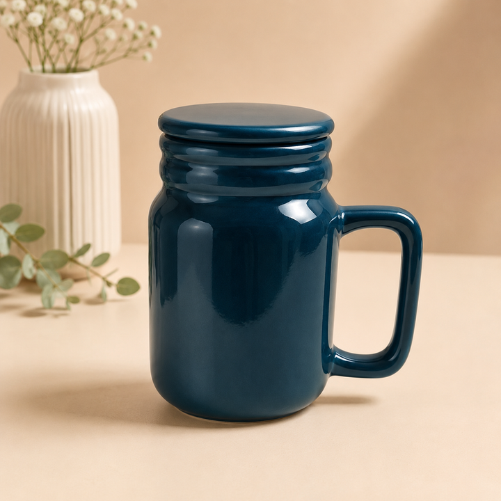 Teal Ceramic Mug with Lid | Gloss Finish Stoneware Coffee & Tea Mug