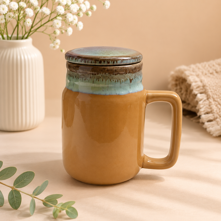 Mason Jar | Mustard Ceramic Mug with Lid | 420ml